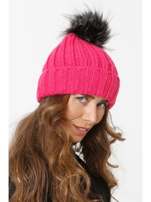 Katlamalı Kürk Ponponlu Triko Örme Bere