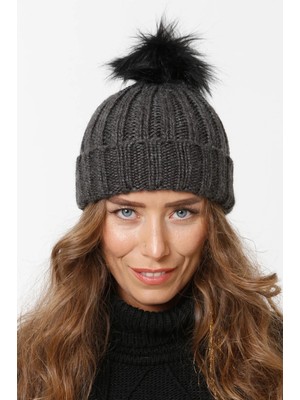 FLORİ Katlamalı Kürk Ponponlu Triko Örme Bere