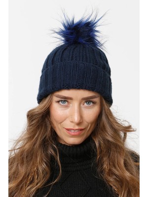 FLORİ Katlamalı Kürk Ponponlu Triko Örme Bere