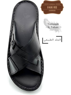 Sermoda Gerçek Deri Erkek Terlik Hafif Terlik Deri T Siyah