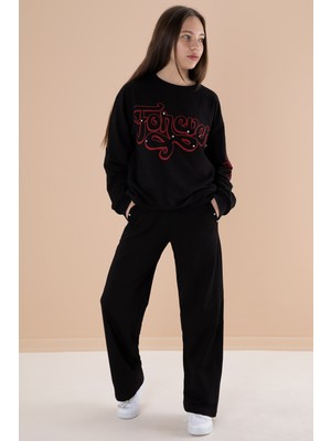 Cansın Mini Siyah Yazı Baskılı Kız Çocuk Eşofman Takımı Pamuk Kumaş Normal Bel 19898 Sezonsuz