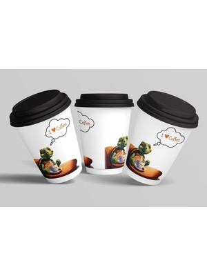 Kaplumbağa 'ı Love Coffee' 14 Oz Sıcak Grubu Kapaklı Karton Kahve Bardağı 12'li 400 ml