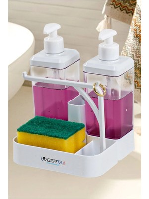 Sünger Hazneli Ikili Deterjanlık Sıvı Sabunluk ve Seti Yüzük Bez Askılı 2X350 ml 2li Sıvı Sabunluk