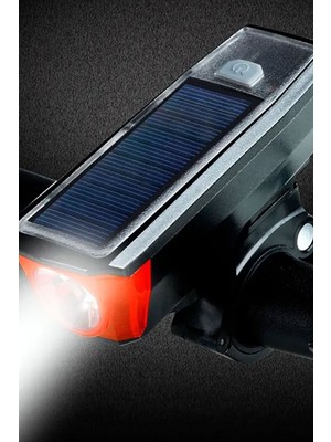 Güneş Enerjili USB Şarjlı Bisiklet Lambası Solar Fener Ön Far Işık Aydınlatma Kornalı