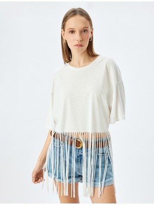 Koton Crop Kısa Kollu Bisiklet Yaka Püsküllü Oversize Tişört