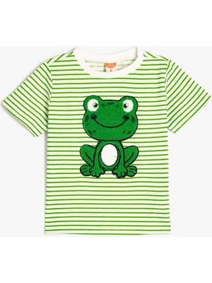 Koton Kurbağa Nakış Detaylı Çizgili Pamuklu Kısa Kollu Tişört
