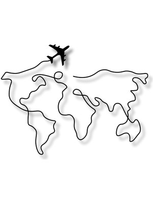 Metal Duvar Dekorasyonu Dünya Haritası Uçaklı (World Map With Plane) Metal Duvar Tablosu Harita