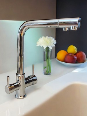 Su Arıtma Çıkışlı Lüks Mutfak Bataryası 3 Yollu Pirinç Gövde-Bakır Borulu-Krom eviye Musluğu