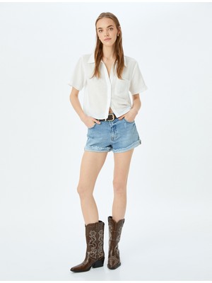 Koton Klasik Yaka Düğmeli Kısa Kollu Crop Gömlek