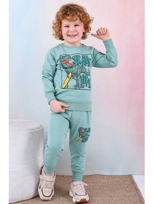Pjk2i Dinazor Desenli Yeşil 2 Ip %100 Pamuk Erkek Çocuk Eşofman Takımı 3-10 Yaş 7426-Y