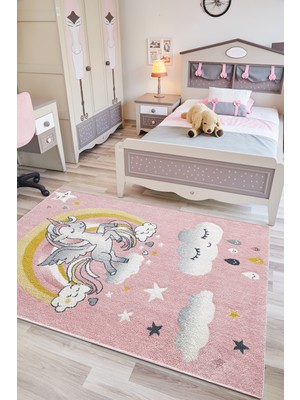 Kids Unicorn Desenli Pembe Çocuk Odası Halısı Antialerjik Tozumaz Bebek Odası Halısı Kds-06