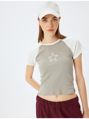 Koton Yıldız Baskılı Reglan Kollu Bisiklet Yaka Kaşkorse Slim Fit Tişört