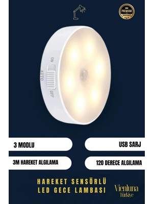 Premium Üretim 3 Mod Beyaz Işık Hareket Sensörlü 8 Ledli USB Pratik Şarjlı Gece Lambası