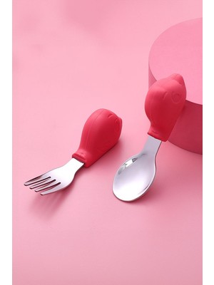304 Paslanmaz Çelik Kırmızı Bebek Kaşık ve Çatal 2 Li Set CIN931KR