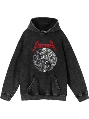 Gossip Team  Metallica Baskılı Yıkamalı Vintage Unisex Oversize Kapüşonlu Sweatshirt