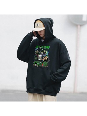 Gossip Team  One Piece Zoro Swords Baskılı Siyah Unisex Oversize Kapüşonlu Sweatshirt