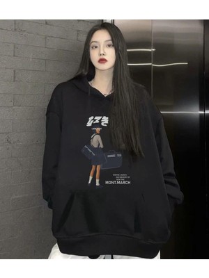 Gossip Team  March Iddeverray Baskılı Siyah Unisex Oversize Kapüşonlu Sweatshirt