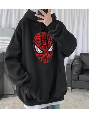 Gossip Team  Spider-Man Head Baskılı Siyah Unisex Oversize Kapüşonlu Sweatshirt