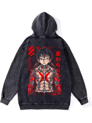 Yıkamalı Kumaş Anime One Piece Luffy Kapüşonlu Hoodie Sweatshirt