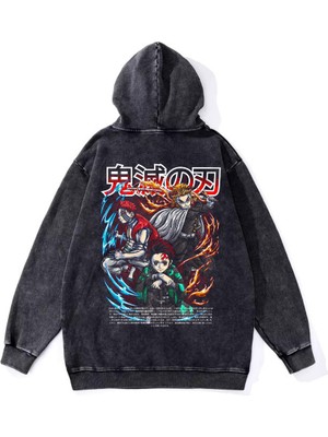 Yıkamalı Kumaş Anime Demon Slayer Kapüşonlu Hoodie Sweatshirt