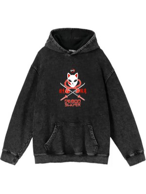 Yıkamalı Kumaş Anime Demon Slayer Kapüşonlu Hoodie Sweatshirt