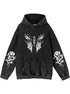 Yıkamalı Kumaş Gothic Butterfly Kapüşonlu Hoodie Sweatshirt