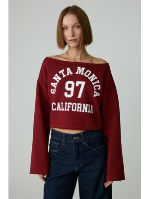 Asly Kadın Asimetrik Yakalı Şardonsuz Tek Omzu Açık Baskılı Bordo Sweatshirt