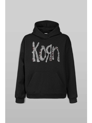 Unisex Siyah Korn Baskılı Sweatshirt Kanguru Cepli Hoodie