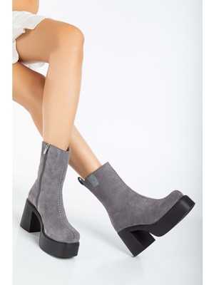 Analin Shoes Kadın  Deri Kalın Tabanlı Topuklu Bot - Gri Süet