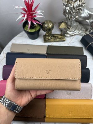 Garniy Deri Cüzdan Bisküvi Renk Telefon Bölmeli Büyük Boy Kadın İçin Şık Tasarım