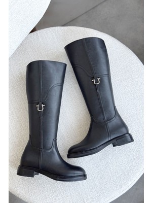 Moda Adam Kadın Date Düz Tabanlı Tokalı Çizme - Siyah-Deri