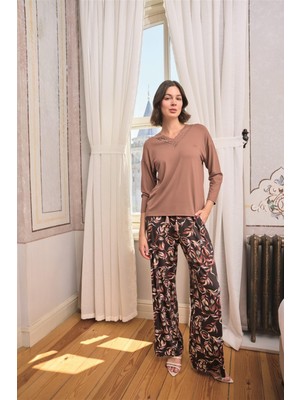 Monamise Kadın Yaprak Desenli Dantelli V Yaka Büyük Beden Pijama Takımı 24166BAT