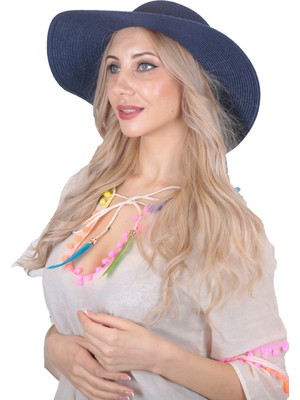 Bağcıklı Kadın Geniş Kenarlı Hasır Şapka