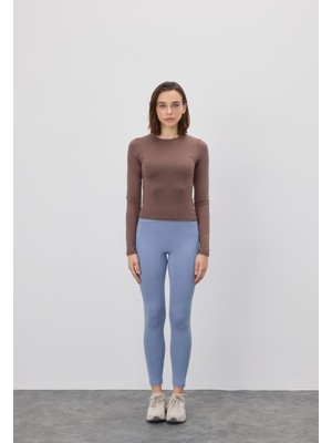 Kadın Uzun Kollu Bisiklet Yaka Kahve T-Shirt