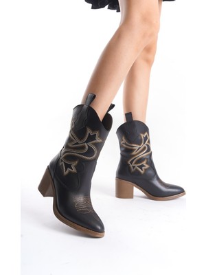 Bazal Siyah Mat Kovboy Bot Topuklu Rahat Nakışlı Western Bot
