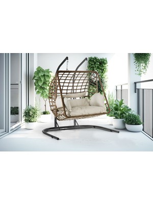 Tu Tienda 2 Kişilik Rattan Örgü Salıncak Açık Kahverengi Metal Yapı ile Konforlu