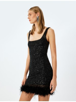 Koton Tüy Detaylı Payetli Kare Yaka Kolsuz Mini Elbise