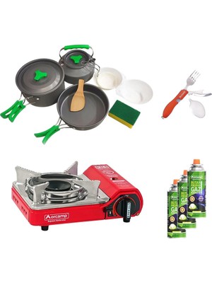 Orcamp Tekli Mini Portatif Ocak Kırmızı+3 Parça Tencere Seti+Çatal Kaşık Bıçak Kırmızı+3 Adet Kartuş ORC-013-F1