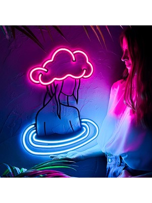 Rainy Girl - Modern & Endüstriyel Neon LED Duvar Dekoru, 50X40CM, Pembe/buz Mavi Led, 12V Adaptör