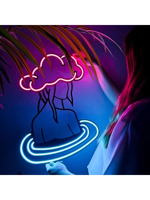 Rainy Girl - Modern & Endüstriyel Neon LED Duvar Dekoru, 50X40CM, Pembe/buz Mavi Led, 12V Adaptör