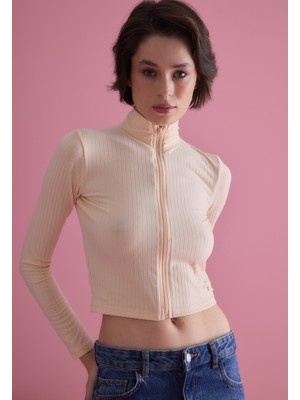 Kadın Krem Renk Yarım Balıkçı Crop Hırka