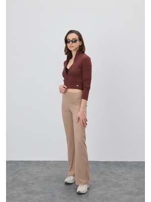 Kadın Çikolata Renk Yarım Balıkçı Crop Hırka