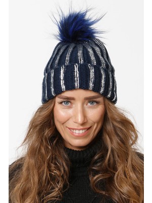 Varak Baskılı Katlamalı Ponponlu Triko Örgü Bere