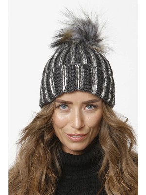 Varak Baskılı Katlamalı Ponponlu Triko Örgü Bere