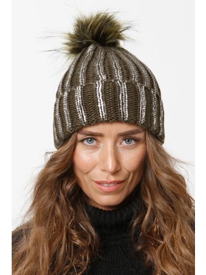 Varak Baskılı Katlamalı Ponponlu Triko Örgü Bere