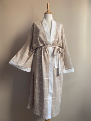 Kinua Studio Unisex Bej Oversize Kimono - Kuşaklı, Uzun