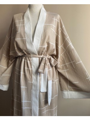 Kinua Studio Unisex Bej Oversize Kimono - Kuşaklı, Uzun