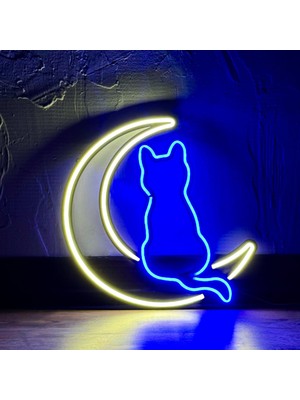 Luna - Ay Işığında Kedi - Kedi Hediye - Veteriner Metaş Duvar Süsü - Metal Üzerine Dekoratif Neon LED Renkli Işıklı Duvar Aydınlatması 32CM (En) x 33CM (Boy)