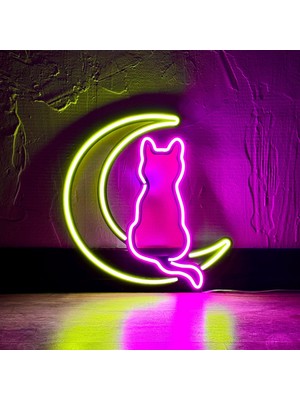 Luna - Ay Işığında Kedi - Kedi Hediye - Veteriner Metaş Duvar Süsü - Metal Üzerine Dekoratif Neon LED Renkli Işıklı Duvar Aydınlatması 32CM (En) x 33CM (Boy)