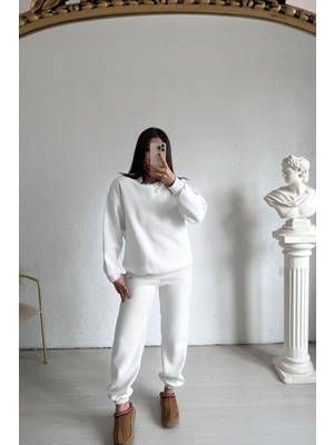 Kadın Baskısız Düz Basic Oversize Bisiklet Yaka Eşofman Takımı